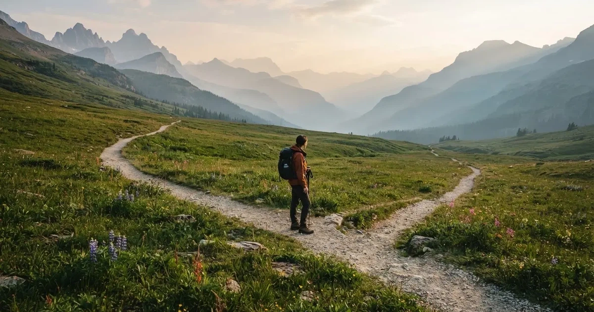Zwei Wanderwege gabeln sich auf einer Wiese, dahinter steht eine Bergkette im Dunst