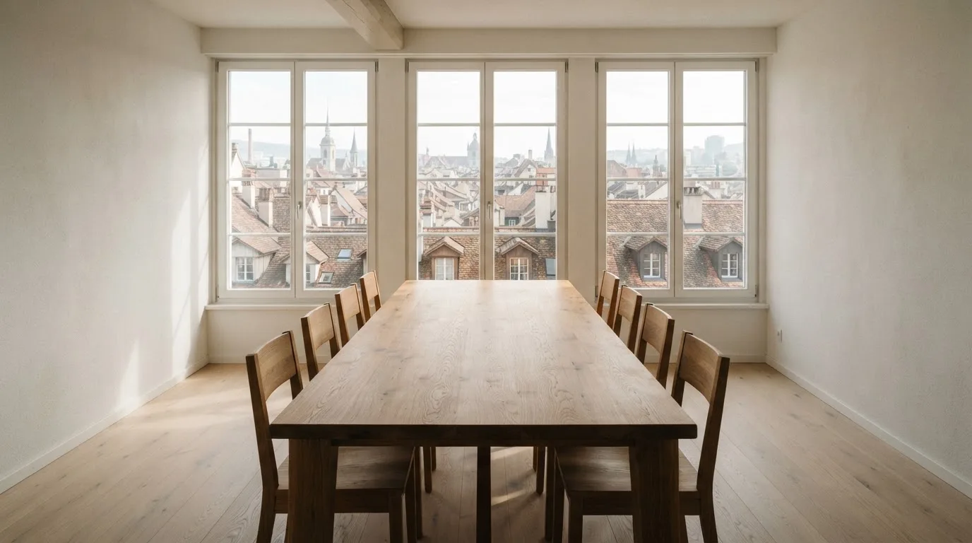 Ein langer Holztisch mit leeren Stühlen in einem hellen Raum, die Fenster geben den Blick auf Dächer frei