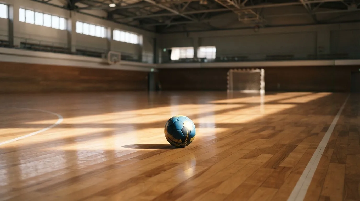 Ein Handball liegt auf dem Hallenboden einer leeren Sporthalle, Streifen von Licht aus den Oberlichtern