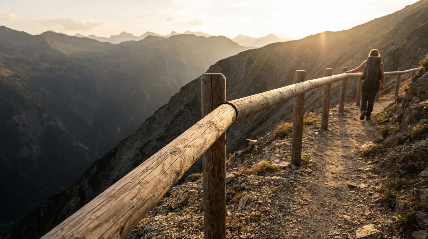 Ein stabiles Holzgeländer am Rand eines Wanderwegs über einer Schlucht, Gegenlicht über den Hängen