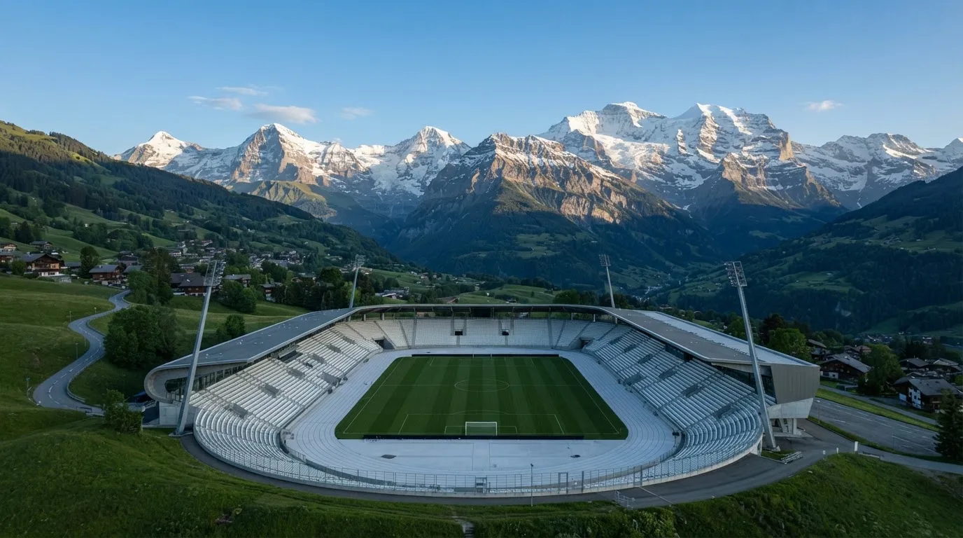 Schneebedeckte Berggipfel erheben sich im klaren Morgenlicht hinter einem leeren Stadion mit hellen Zuschauerrängen.