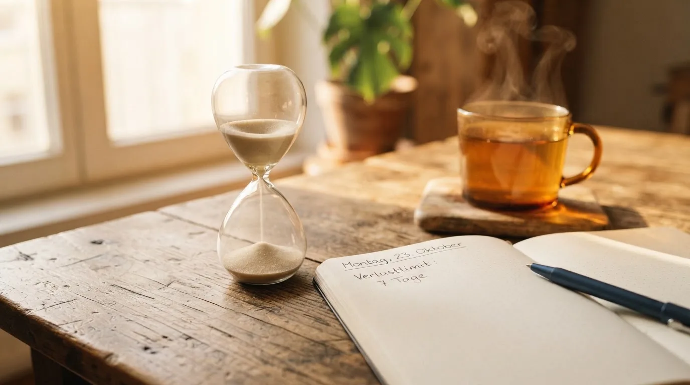 Eine Sanduhr steht neben einem Notizbuch mit handschriftlichen Notizen auf einem Holztisch, daneben dampft eine Tasse Tee.