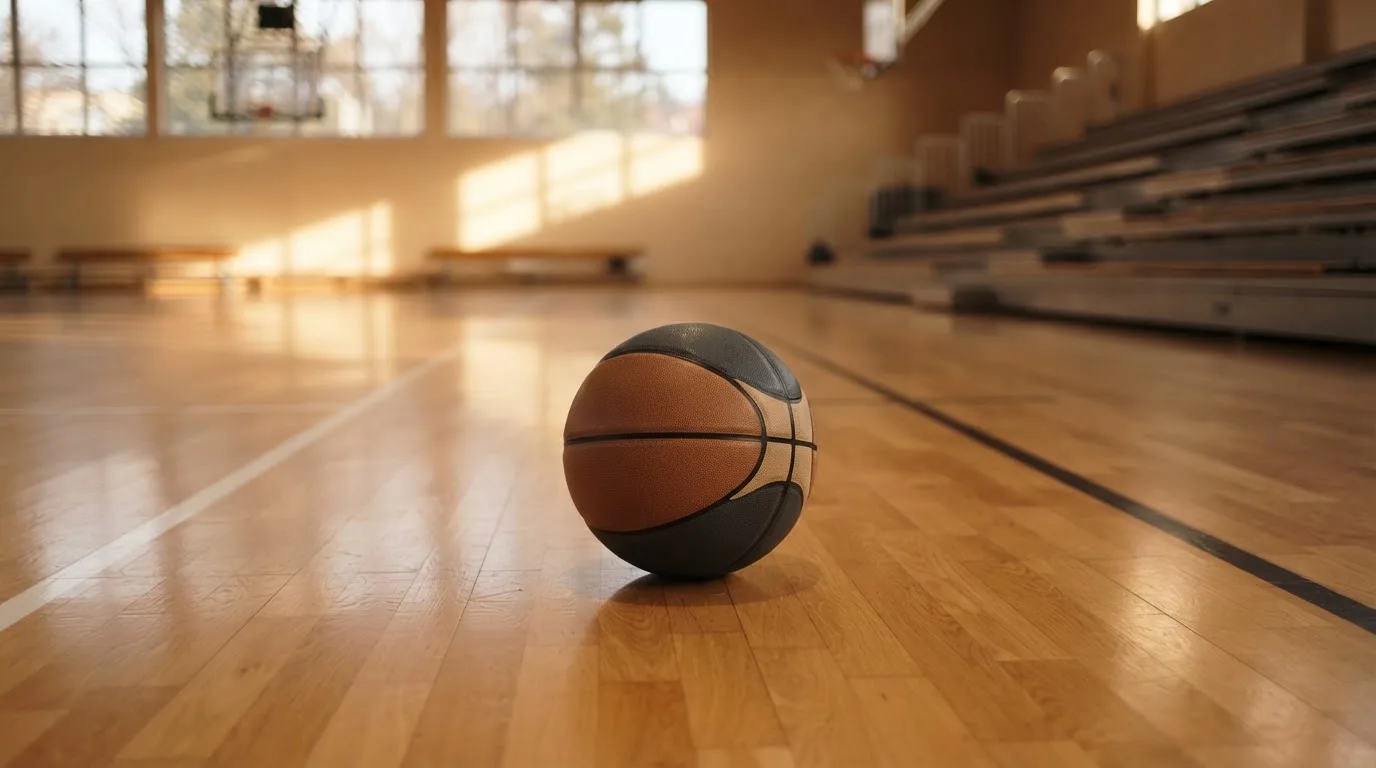 Ein Basketball ruht auf dem polierten Parkett einer leeren Halle, Nachmittagslicht fällt durch hohe Fenster.