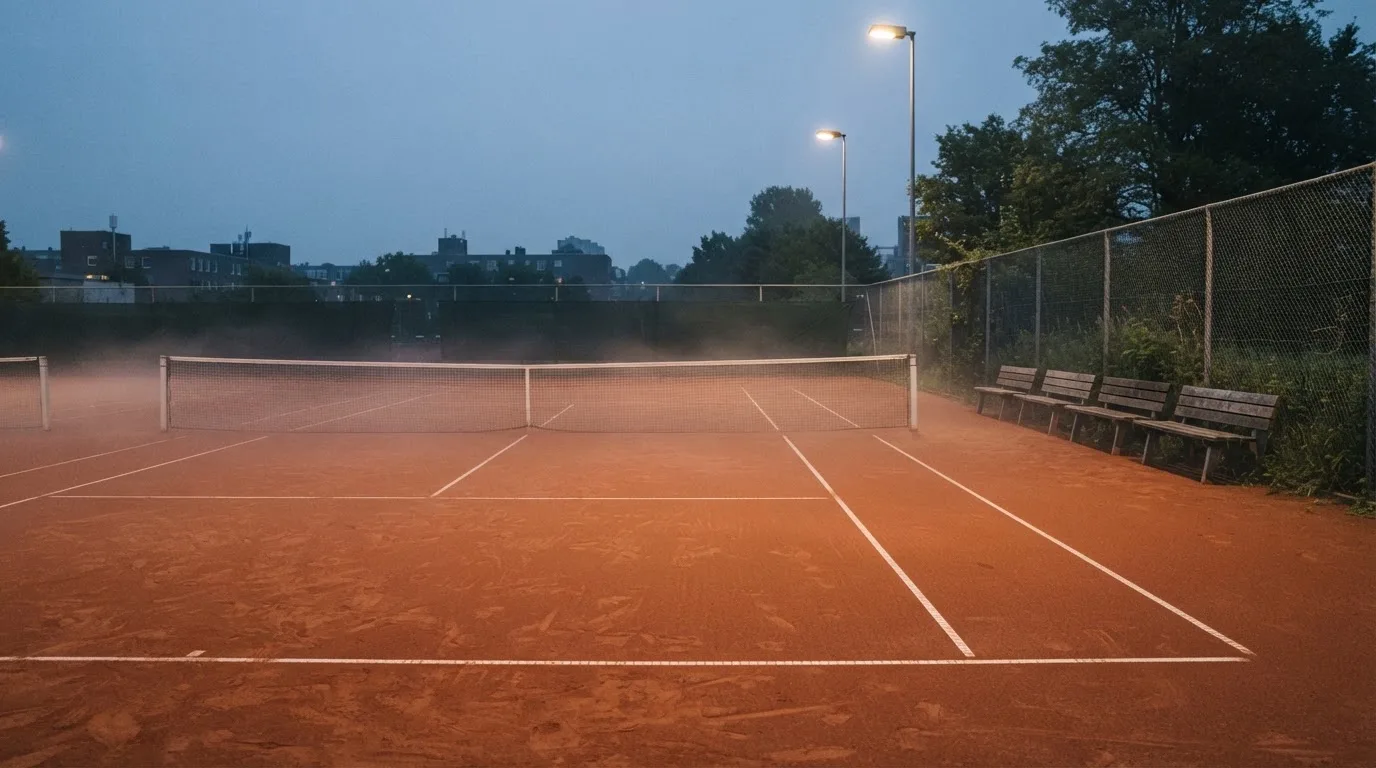Ein gepflegter Tennisplatz im Morgengrauen, über der Grundlinie hängt leichter Nebel und die Bänke am Rand sind leer.