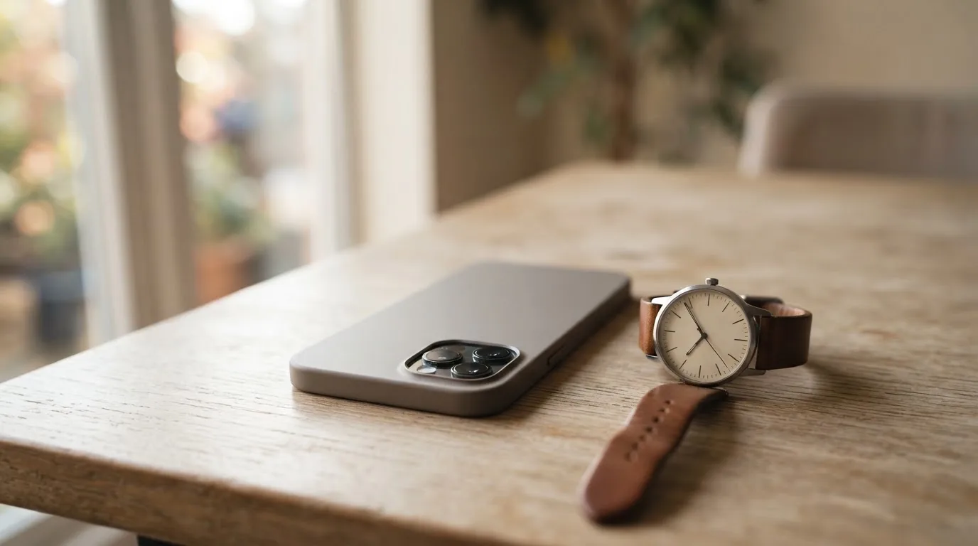 Ein Smartphone liegt mit dem Display nach unten auf einem Tisch neben einer Armbanduhr, im Hintergrund ein unscharfes Fenster.