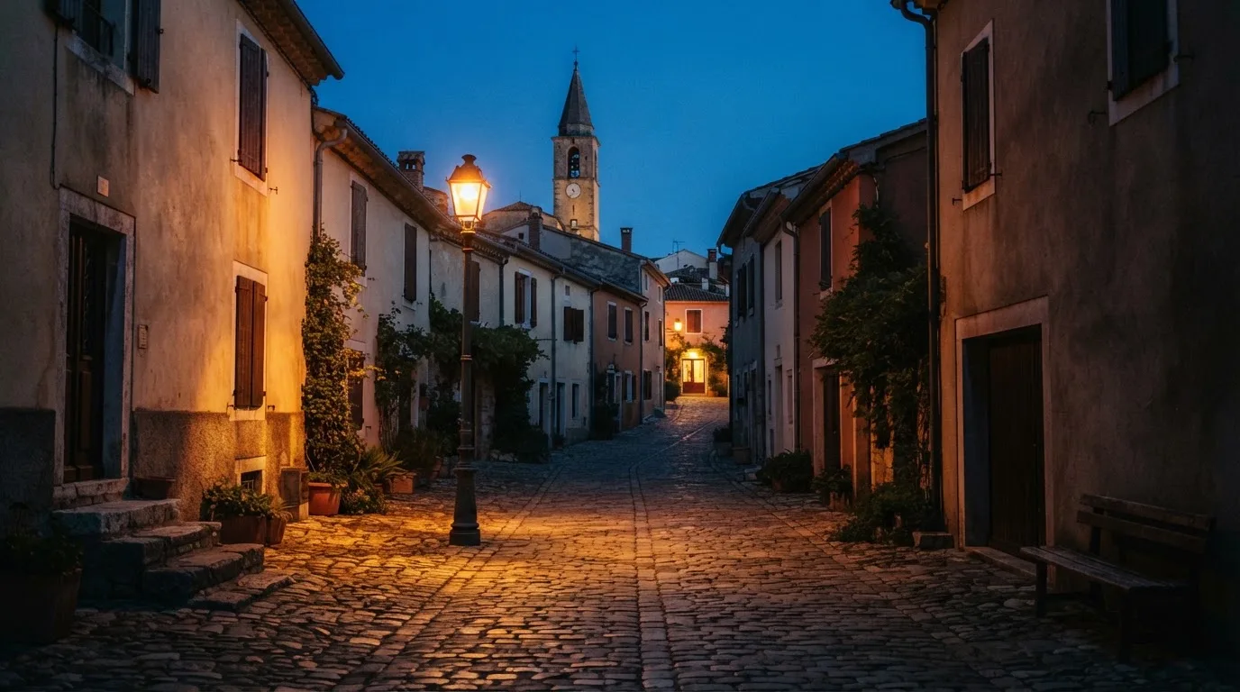 Eine ruhige Dorfstrasse in der Dämmerung mit einer brennenden Strassenlaterne und einem Kirchturm im Hintergrund.