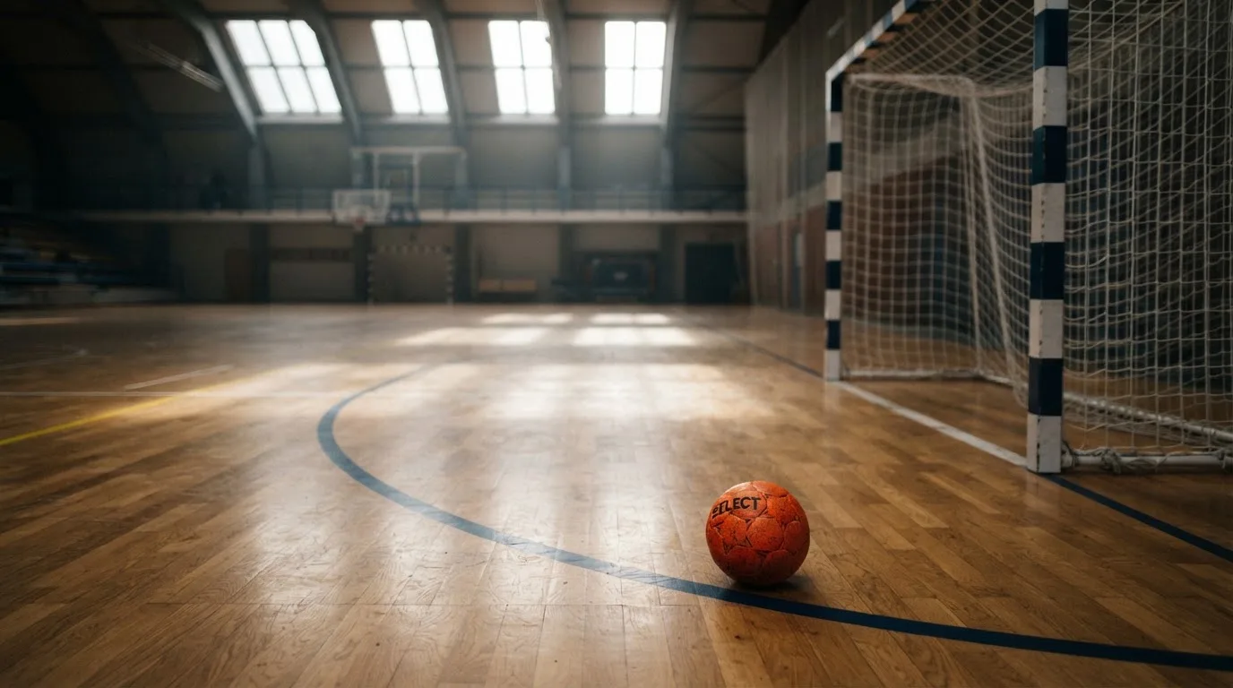 Ein Handball liegt am Rand des Torraums in einer leeren Sporthalle, Licht fällt durch Oberlichter auf den Hallenboden.
