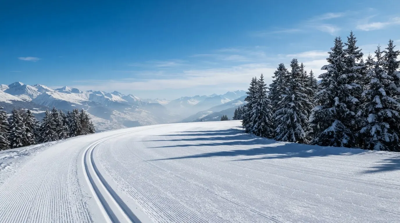 Ein Skihang mit frischen Spuren im Neuschnee unter blauem Himmel, am Rand stehen verschneite Tannen.