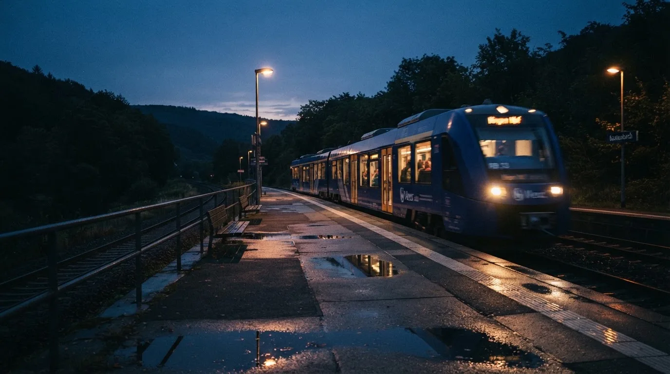 Ein Bahnsteig in der Abenddämmerung, ein Regionalzug fährt unscharf ein und Lichter spiegeln sich auf dem nassen Beton.