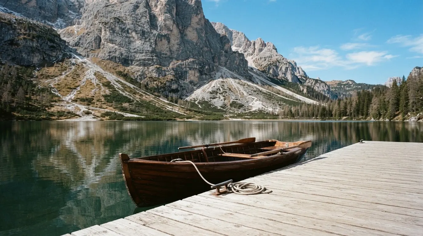 Ein schmales Ruderboot liegt an einem hölzernen Steg an einem Bergsee, dahinter steigen steile Felswände auf.