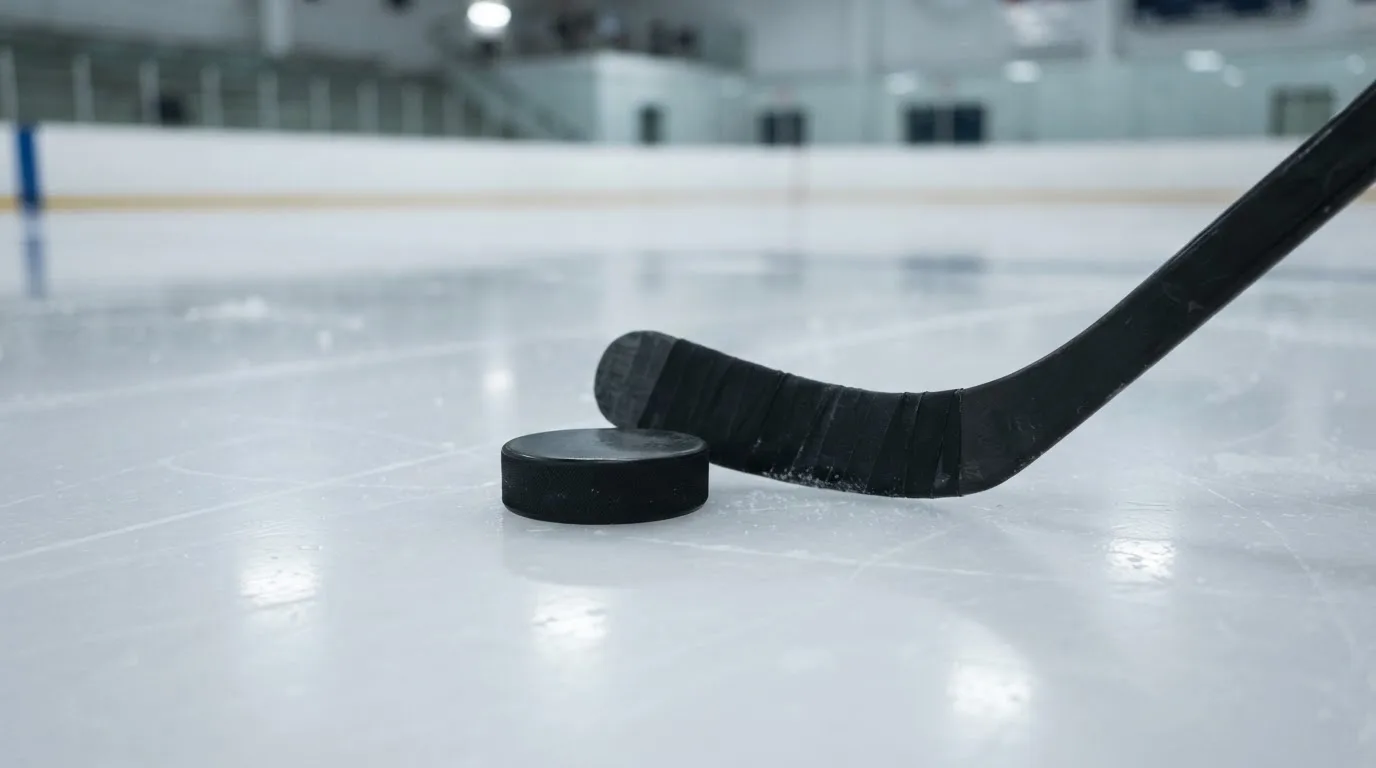 Ein Eishockeypuck und ein Schläger liegen auf einer glänzenden Eisfläche, im Hintergrund verschwimmen leere Banden.