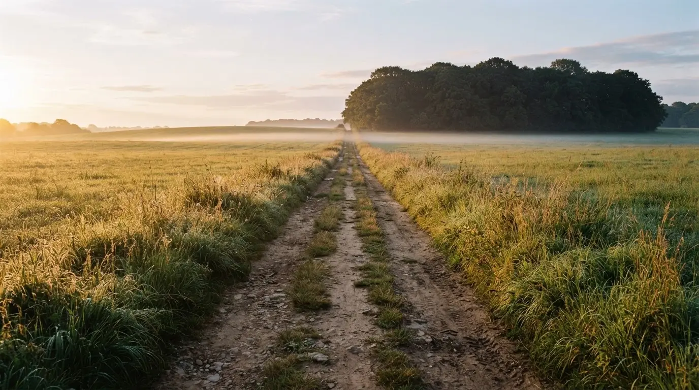 Ein Feldweg führt bei Sonnenaufgang zwischen Wiesen auf ein Waldstück zu.