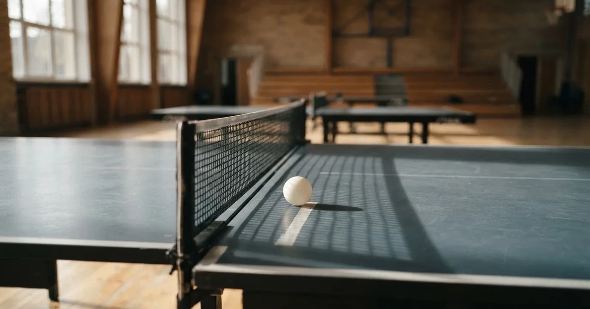 Eine Tischtennisplatte steht in einer leeren Sporthalle, ein einzelner Ball liegt am Netz und Tageslicht fällt von der Seite ein.