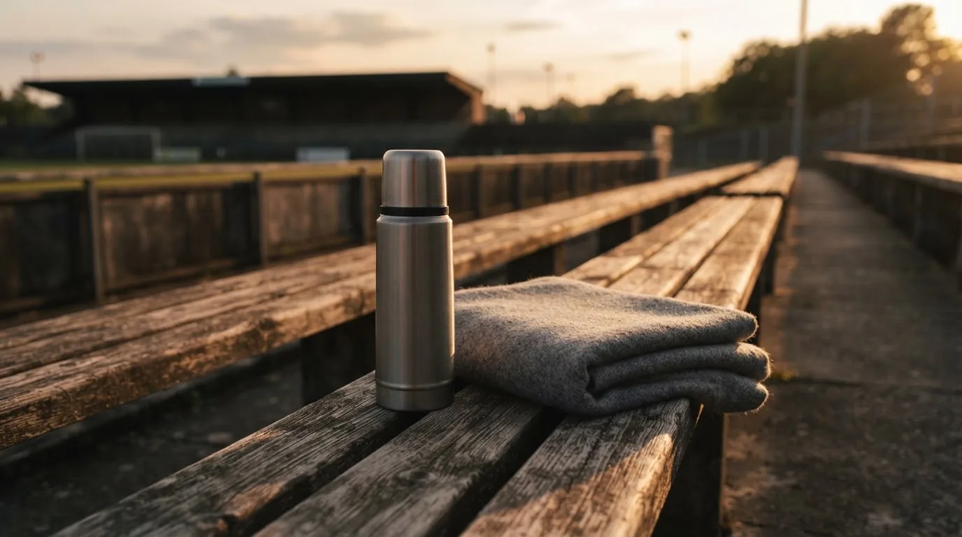 Eine Thermoskanne und eine zusammengelegte Wolldecke stehen auf einer leeren Stadionbank, die Sonne geht hinter den Rängen unter.