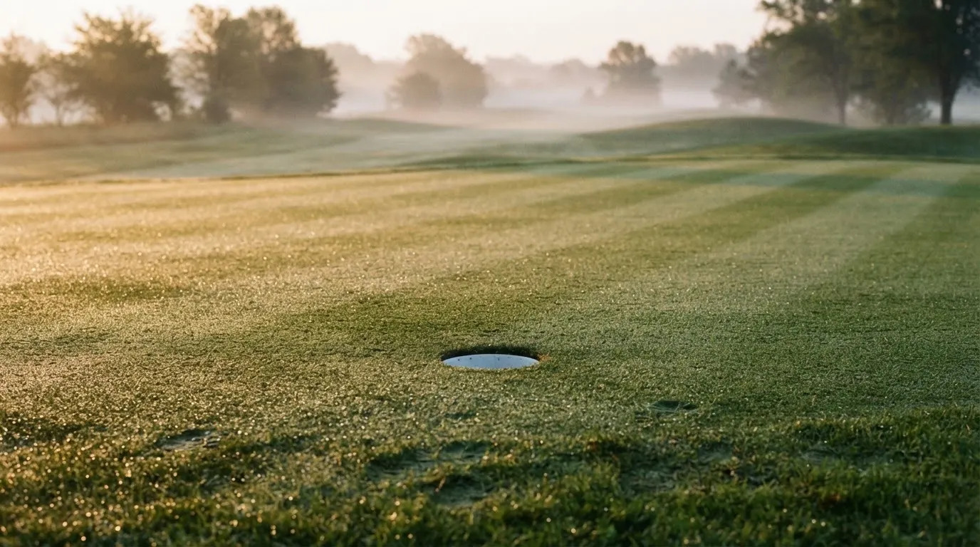 Ein Golfgrün bei Sonnenaufgang mit Tau auf dem Rasen, die Fahnenstange fehlt und im Hintergrund ziehen Nebelschwaden.