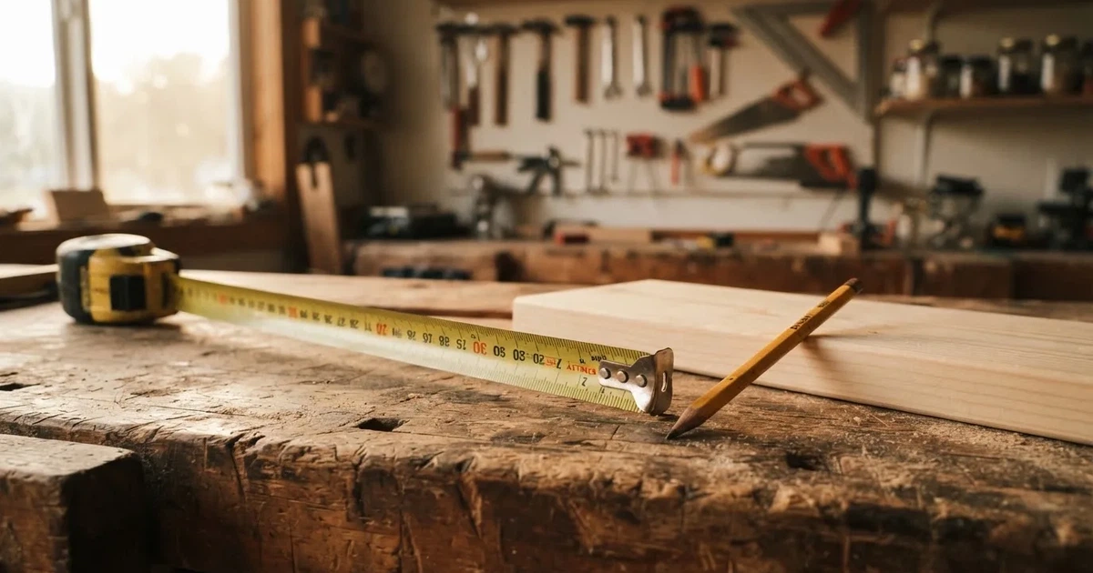 Ein Massband liegt aufgerollt auf einer Werkbank neben einem Bleistift und einem Holzbrett.