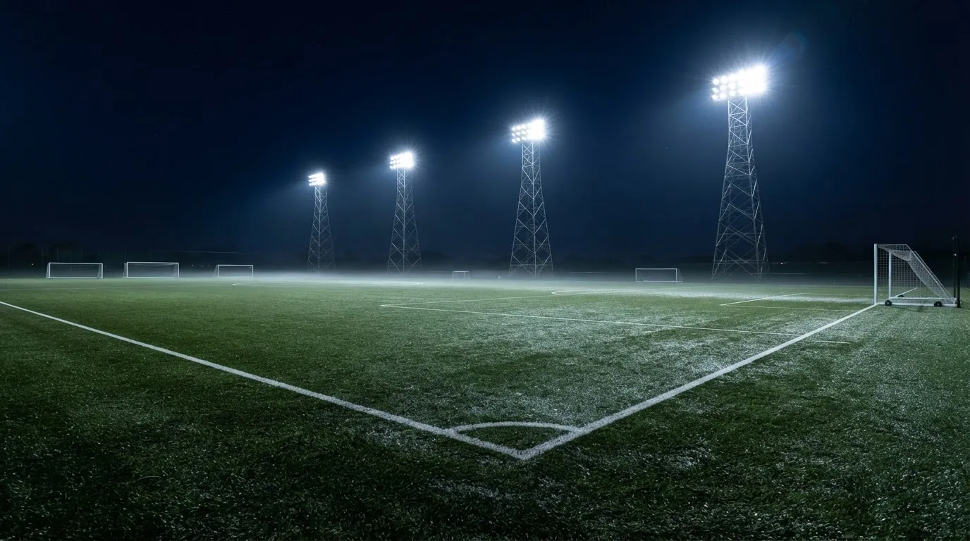 Hohe Flutlichtmasten ragen nachts über einen leeren Trainingsplatz, der Rasen glänzt im weissen Licht.