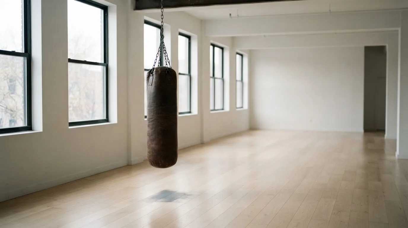 Ein Boxsack hängt an einer Kette in einem leeren Trainingsraum mit hellem Holzboden und grossen Fenstern.