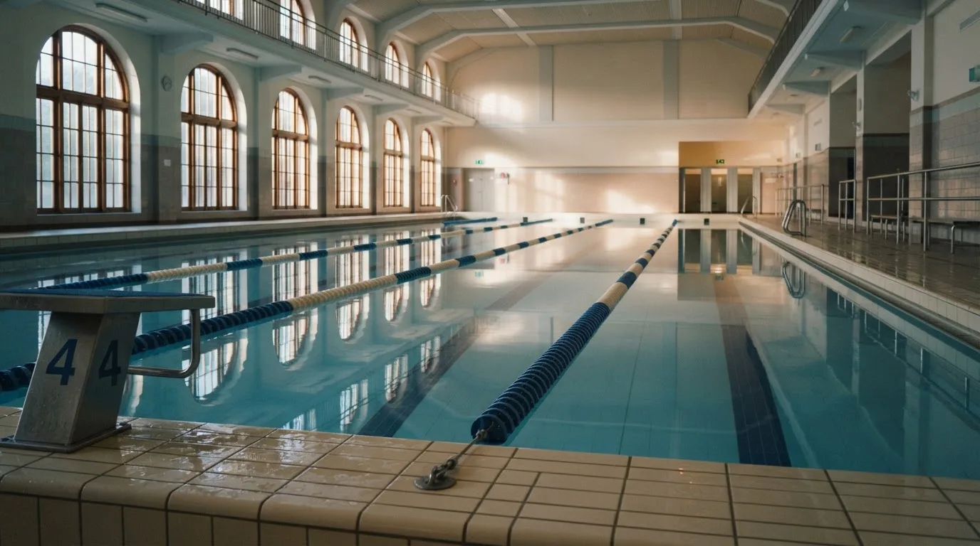 Eine ruhige Schwimmhalle mit glattem Wasser im Becken und gespannten Bahnleinen, Licht fällt durch hohe Fenster.