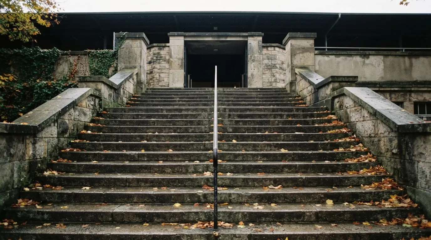 Eine breite Steintreppe führt zum Eingang einer Tribüne, Herbstlaub liegt auf den Stufen.