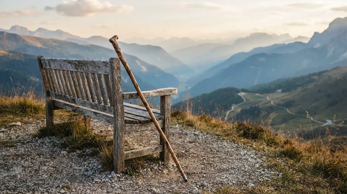 Ein Wanderstock lehnt an einer Holzbank auf einem Aussichtspunkt, dahinter breitet sich ein Tal im Dunst aus.