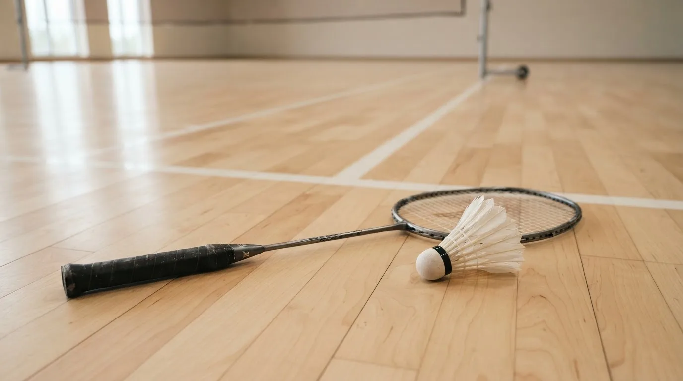 Ein Badmintonschläger liegt neben einem Federball auf dem hellen Hallenboden eines leeren Spielfelds.