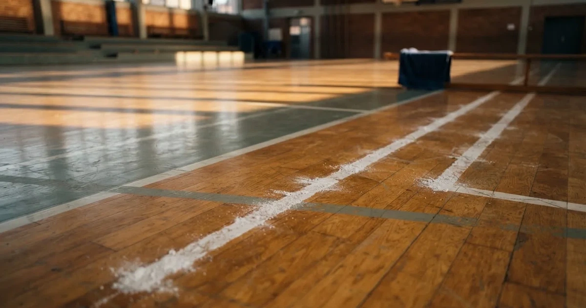 Zwei versetzte Startlinien aus Kreide auf dem Boden einer leeren Sporthalle, das Licht fällt schräg von der Seite.