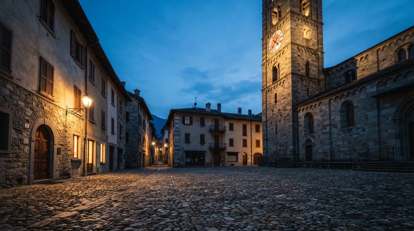 Ein Kopfsteinpflasterplatz vor einer Kirche in einer Altstadt am Abend, warme Fensterlichter und menschenleere Gassen.
