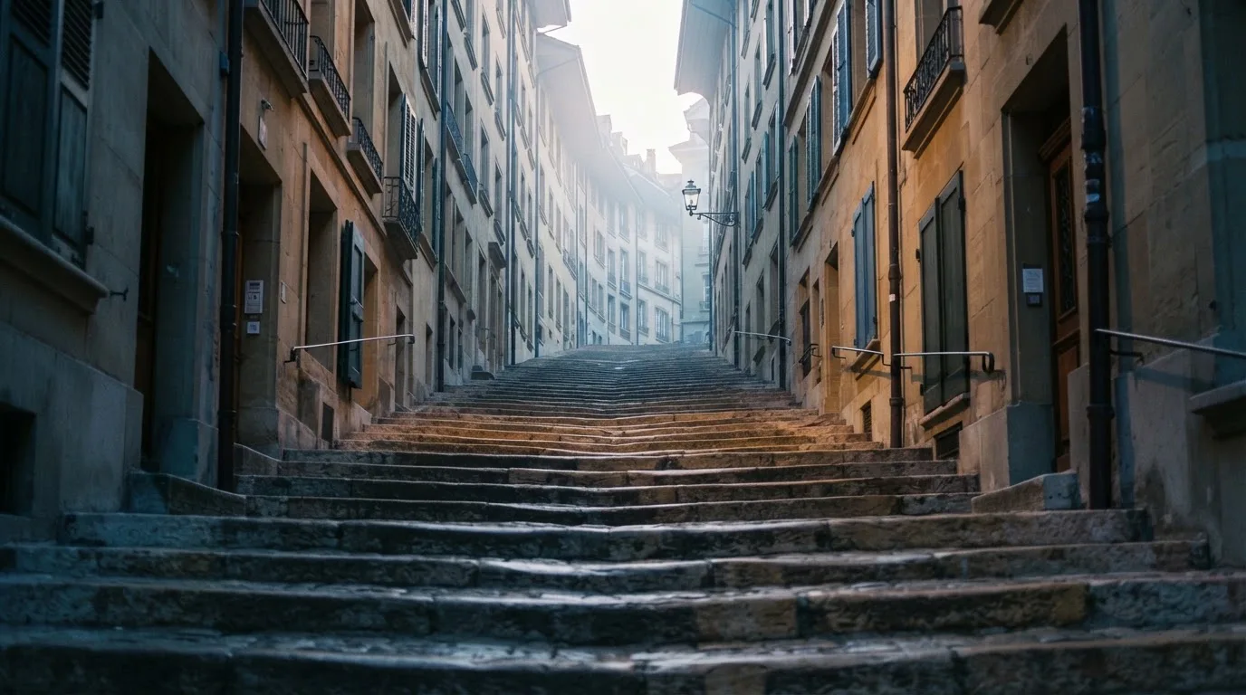 Eine breite Sandsteintreppe in einer Berner Altstadtgasse am frühen Morgen, niemand zu sehen, weiches Licht und leichter Nebel.