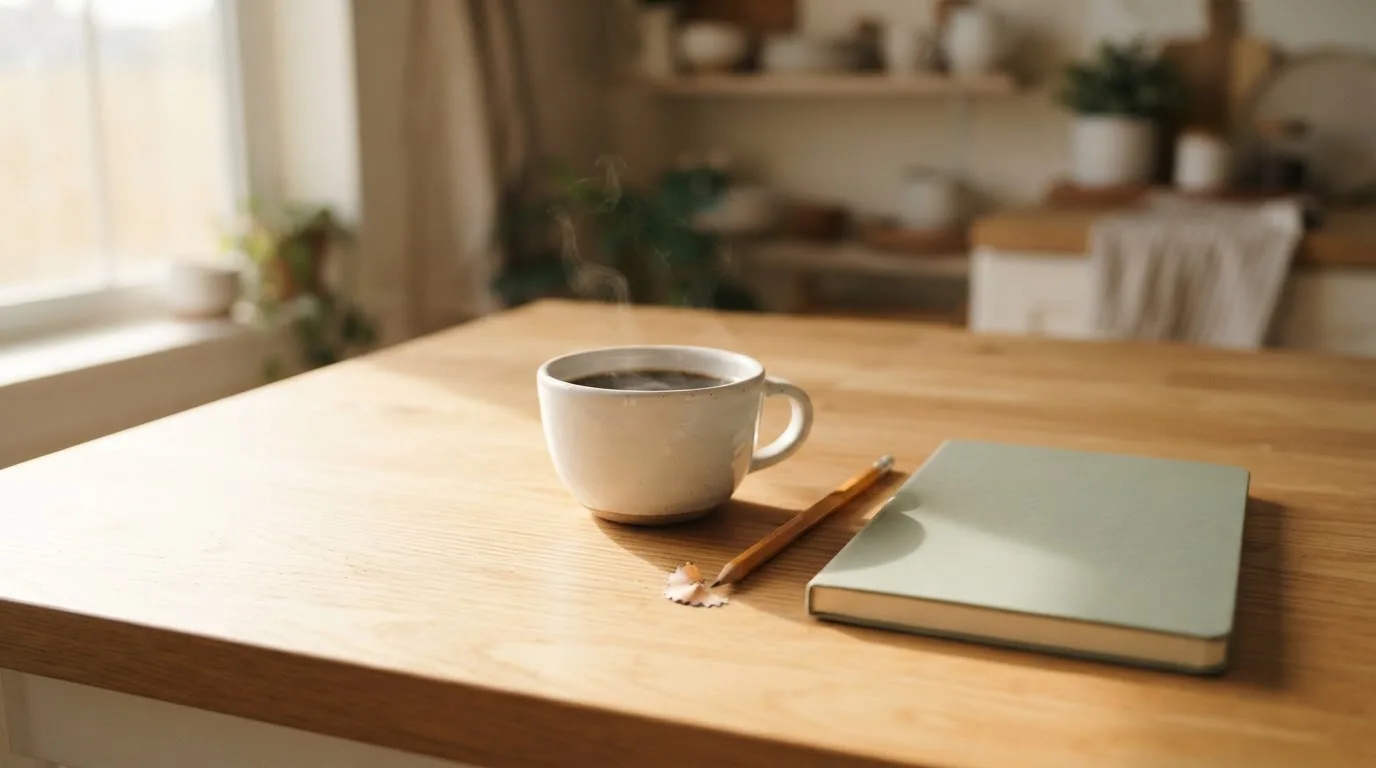 Eine Tasse Kaffee und ein Bleistift liegen auf einem sonnenbeschienenen Küchentisch neben einem leeren Notizblock.