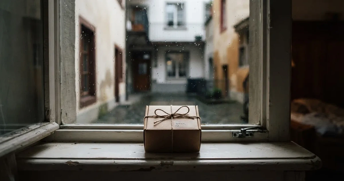 Eine kleine Pappschachtel, mit Schnur zugebunden, steht auf einem Fensterbrett, draussen ein verregneter Hinterhof.