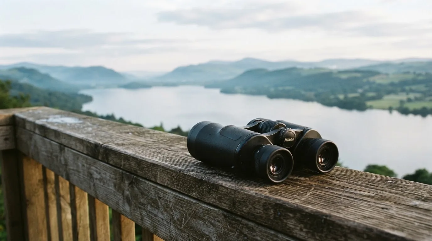 Ein Fernglas liegt auf dem Geländer einer Aussichtsplattform über einem See, dahinter flache Hügel im Dunst.