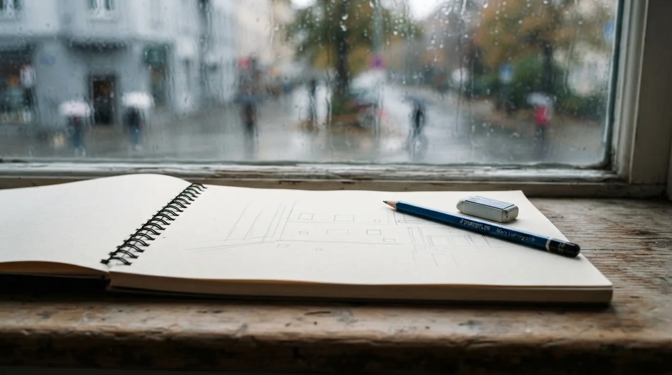 Ein Zeichenblock mit einem Bleistift und einem Radiergummi liegt auf einem Fensterbrett, draussen fällt Regen.