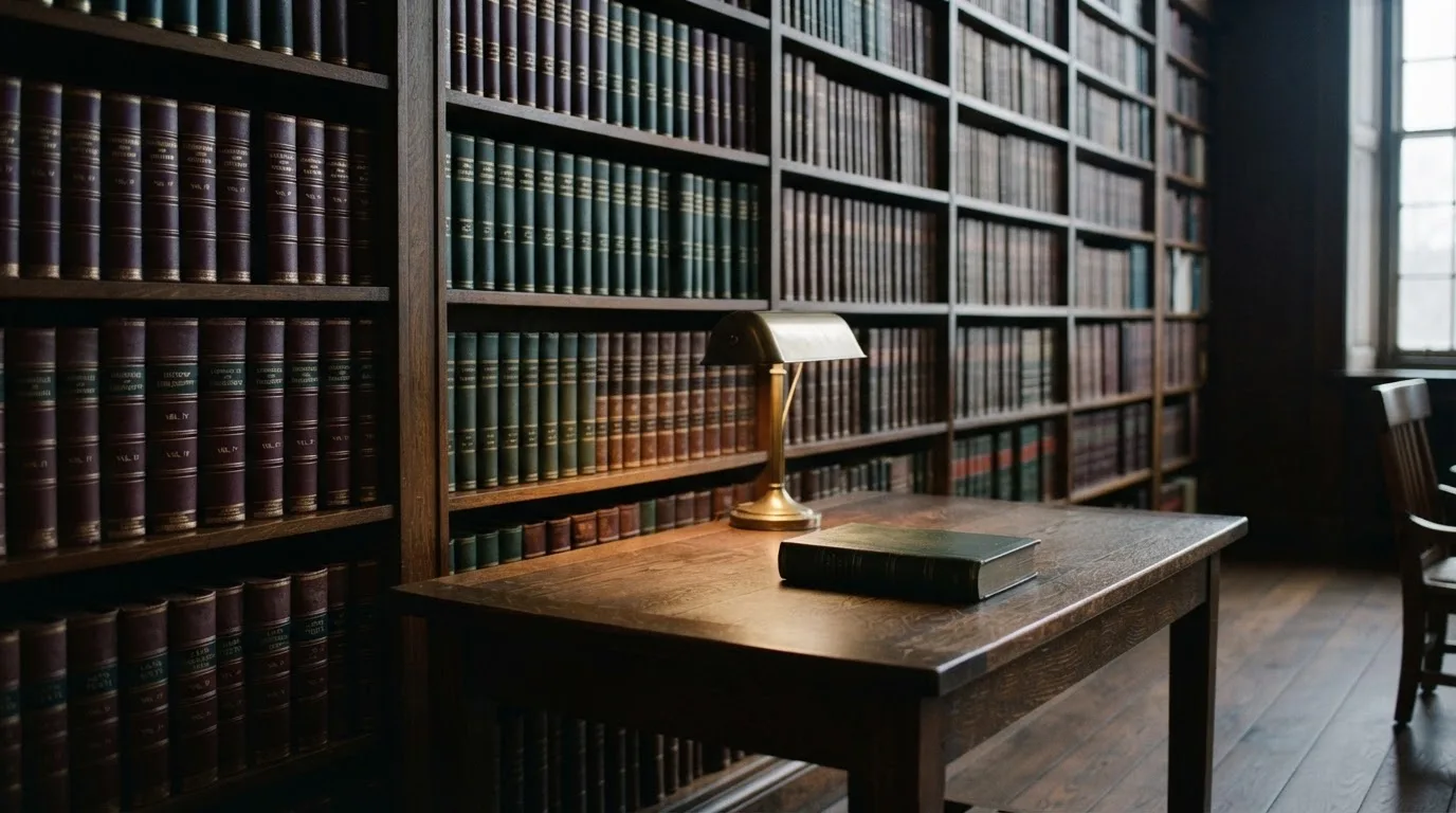 Ein Bücherregal mit ledergebundenen Bänden in dunklen Farben in einer stillen Bibliothek, davor ein Lesetisch.
