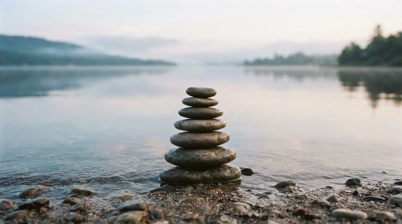 Ein Stapel flacher Kieselsteine liegt am Seeufer in der Morgendämmerung, das Wasser ist spiegelglatt.