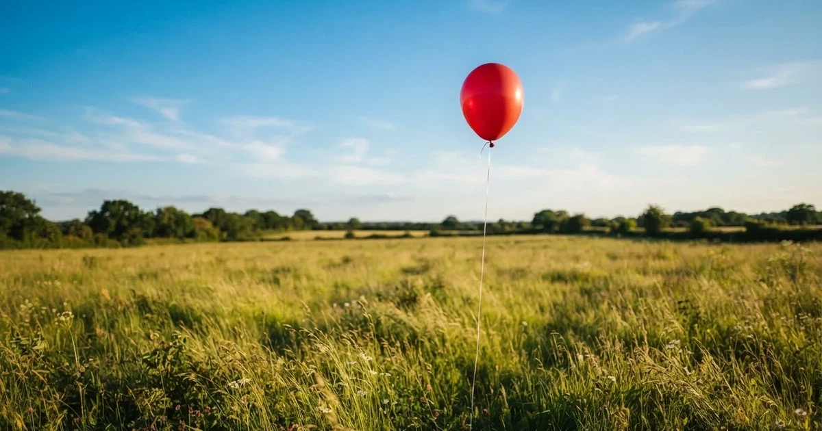 Ein roter Luftballon schwebt an einer dünnen Schnur über einer Sommerwiese, der Himmel dahinter ist klar.