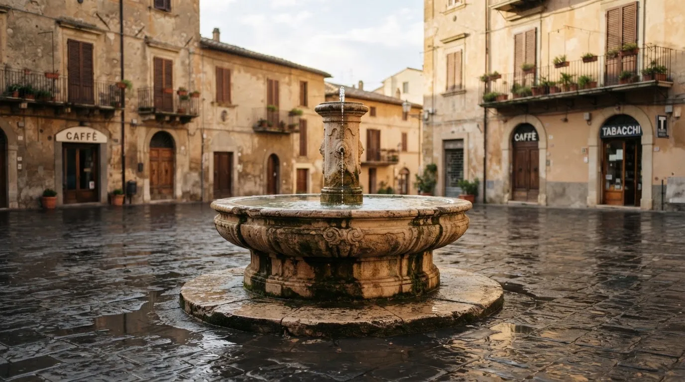 Ein Brunnen auf einem Altstadtplatz zwischen Sandsteinfassaden, nasses Kopfsteinpflaster nach einem Regenschauer.