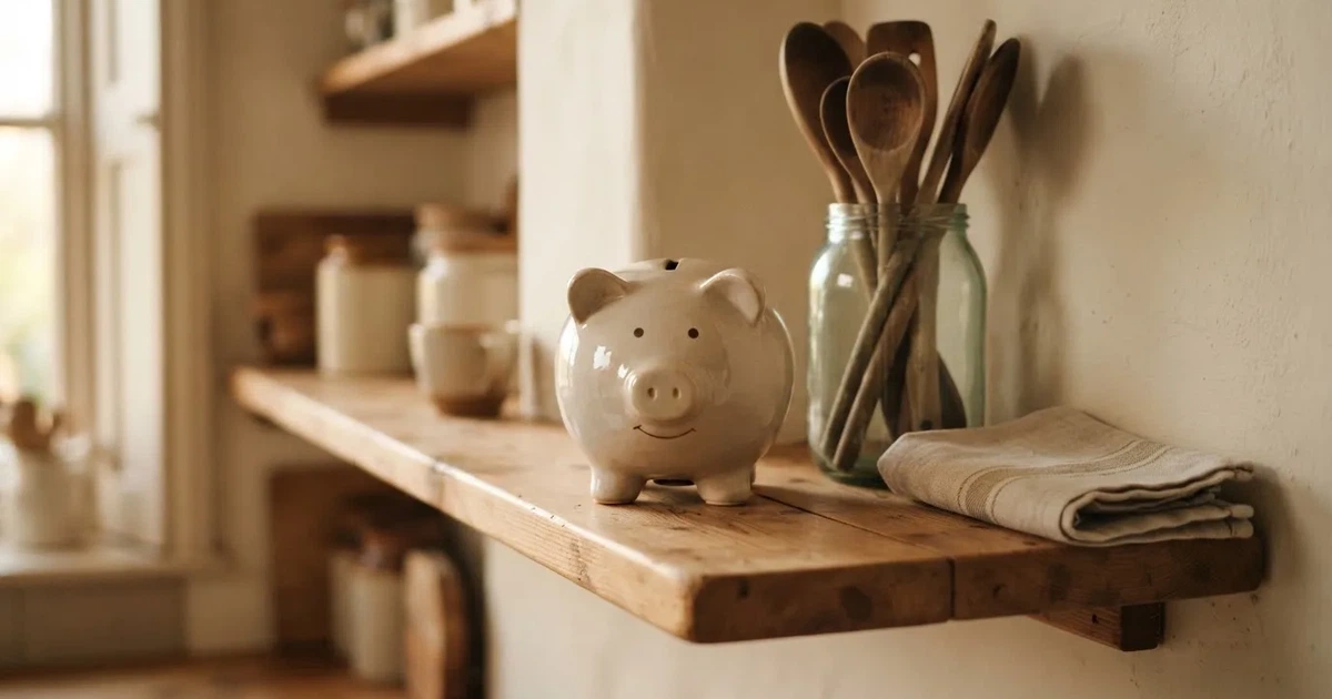 Ein Sparschwein aus Keramik steht auf einem Küchenregal neben einem Glas mit Holzlöffeln.