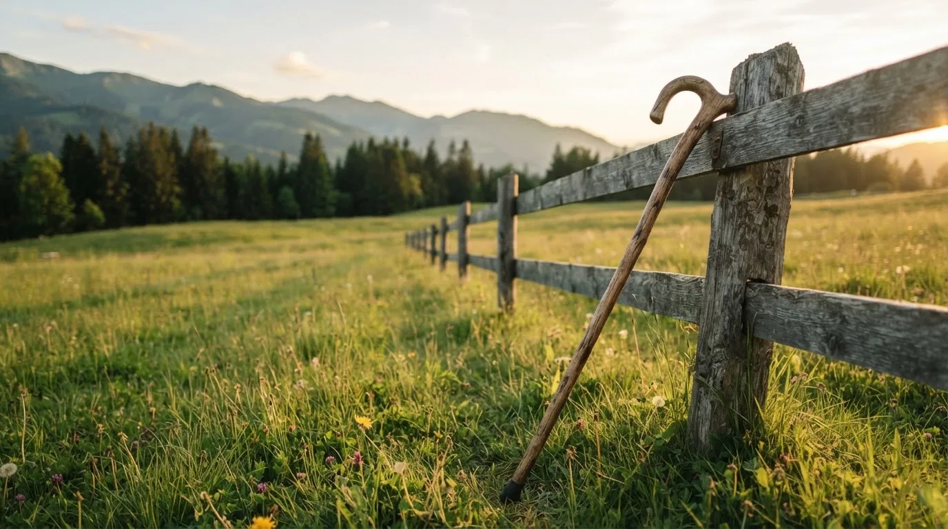 Ein Wanderstock lehnt an einem Gartenzaun, dahinter erstreckt sich eine ruhige Alpwiese im Abendlicht.
