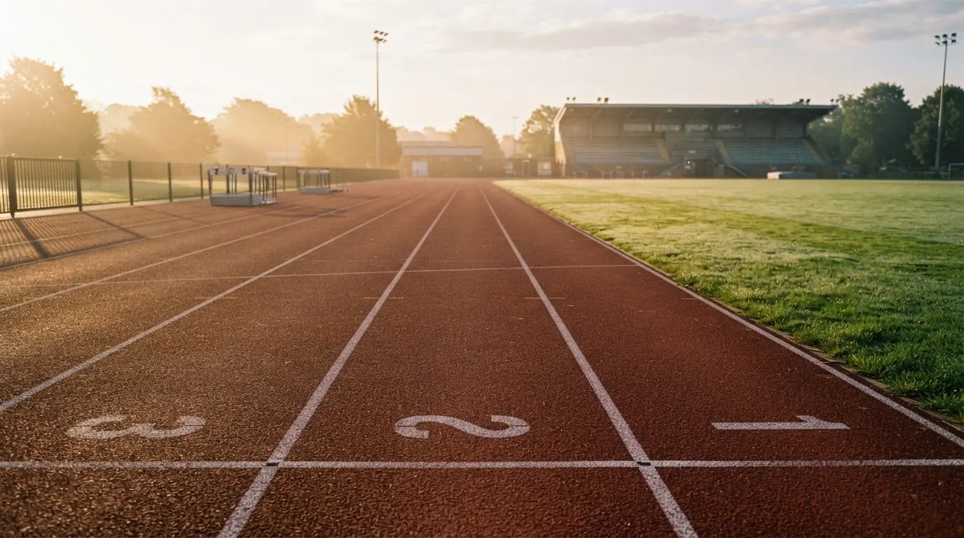 Eine leere Tartanbahn einer Leichtathletikanlage am frühen Morgen, Tau auf den Rasenflächen daneben und tiefstehende Sonne.