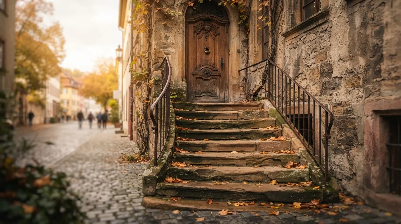 Eine Steintreppe mit Geländer führt zu einer hohen Holztür eines alten Gebäudes, Herbstlaub liegt auf den Stufen.