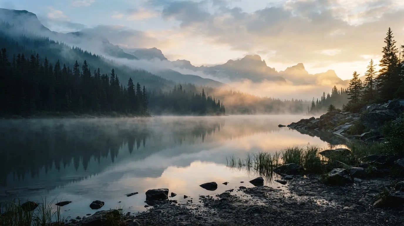 Ein ruhiger Bergsee mit Nebel am Ufer bei Sonnenaufgang, am Hang dahinter dunkle Tannen.