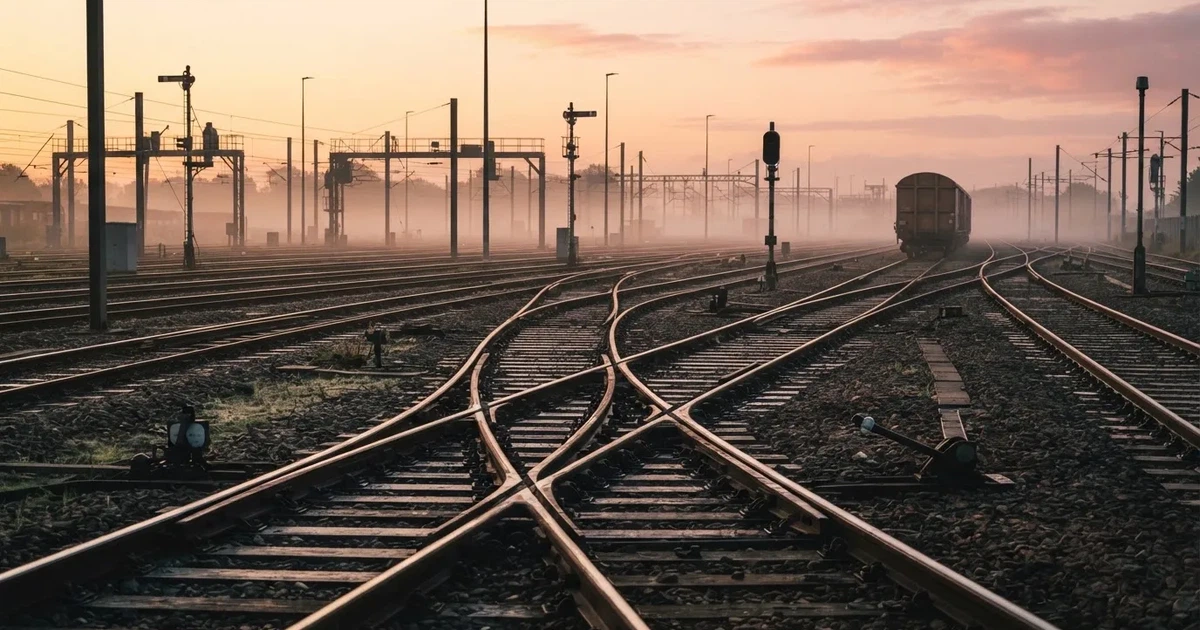 Ein Rangierbahnhof mit mehreren sich verzweigenden Gleisen und Weichen im Morgenlicht, in der Ferne steht ein Güterwagen.