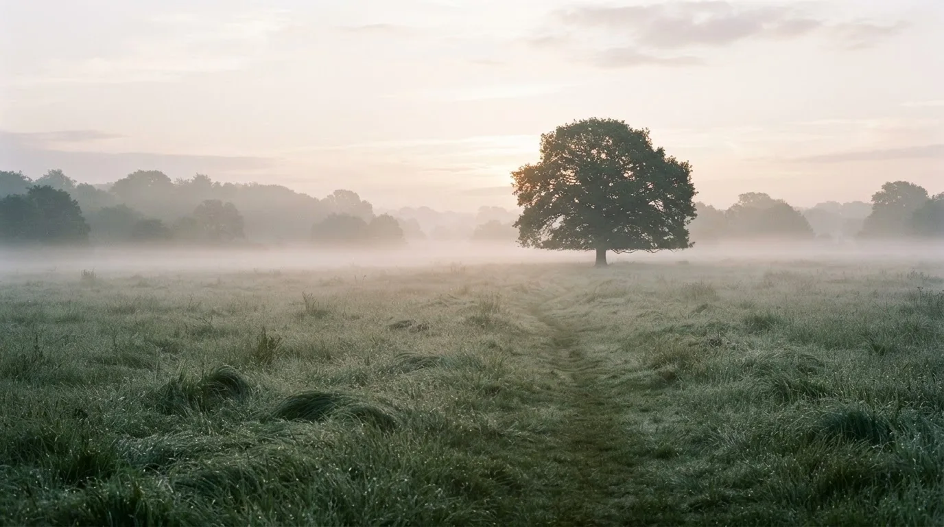 Eine Wiese mit Bodennebel am frühen Morgen, in der Ferne ein einzelner Baum vor hellem Horizont.