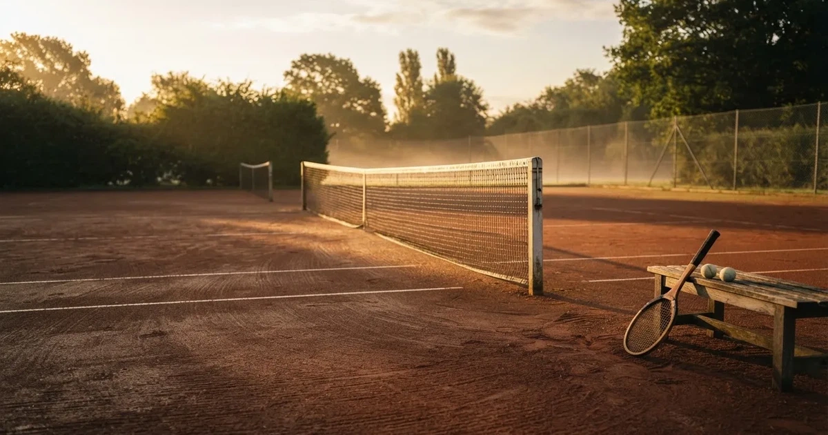Ein Tennisplatz bei Sonnenaufgang mit gespanntem Netz und feuchtem Sandbelag, niemand steht auf dem Platz.