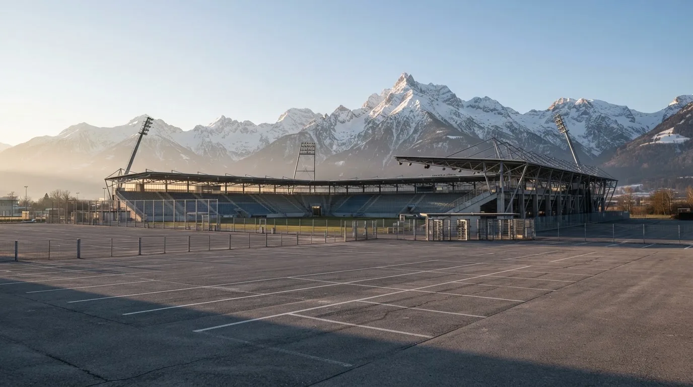 Hinter einem leeren Stadion ragen verschneite Berggipfel in den klaren Morgenhimmel, davor ein Parkplatz im ersten Sonnenlicht.