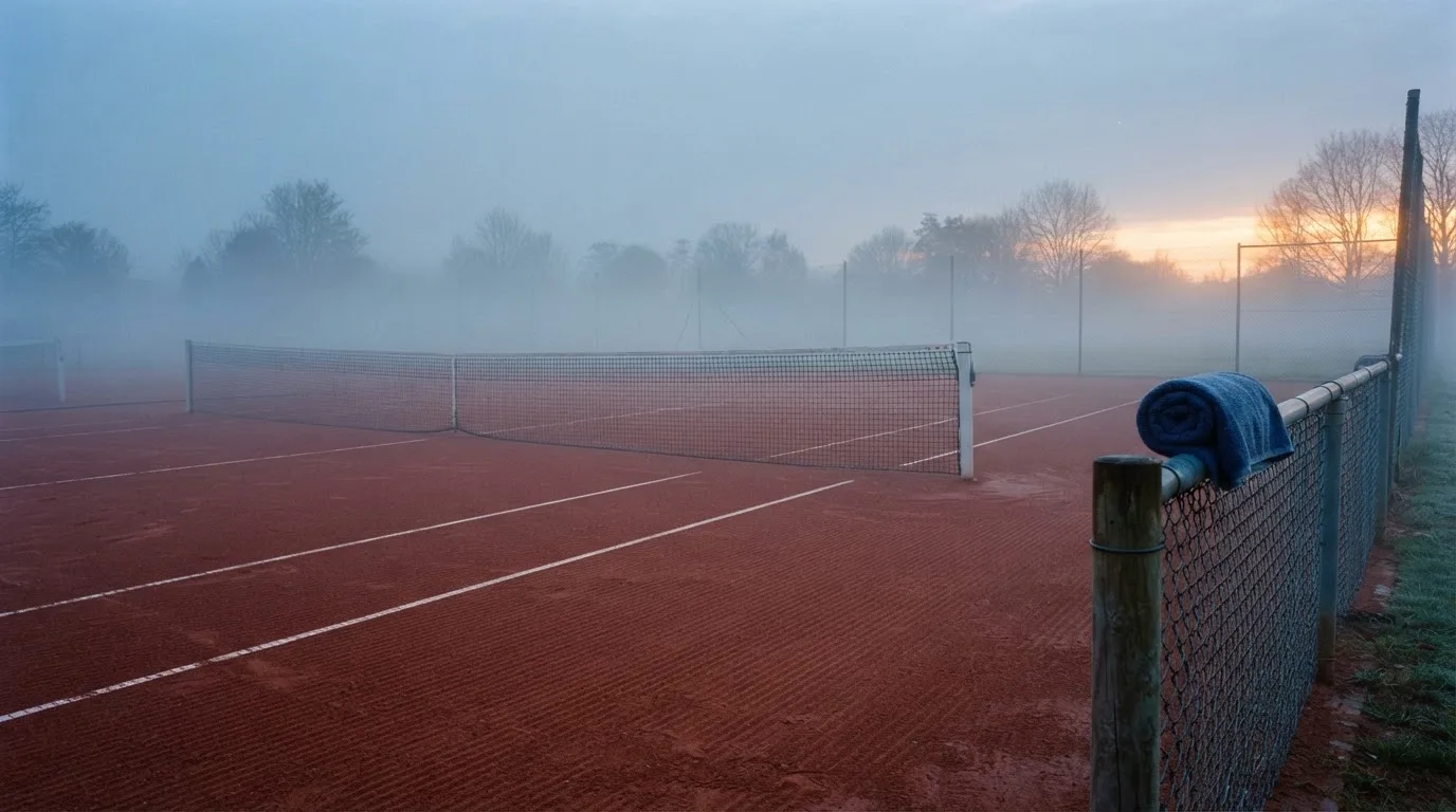 Ein Tennisplatz aus Sand liegt im Morgengrauen still da, Nebel hängt über der Grundlinie und dem aufgespannten Netz.