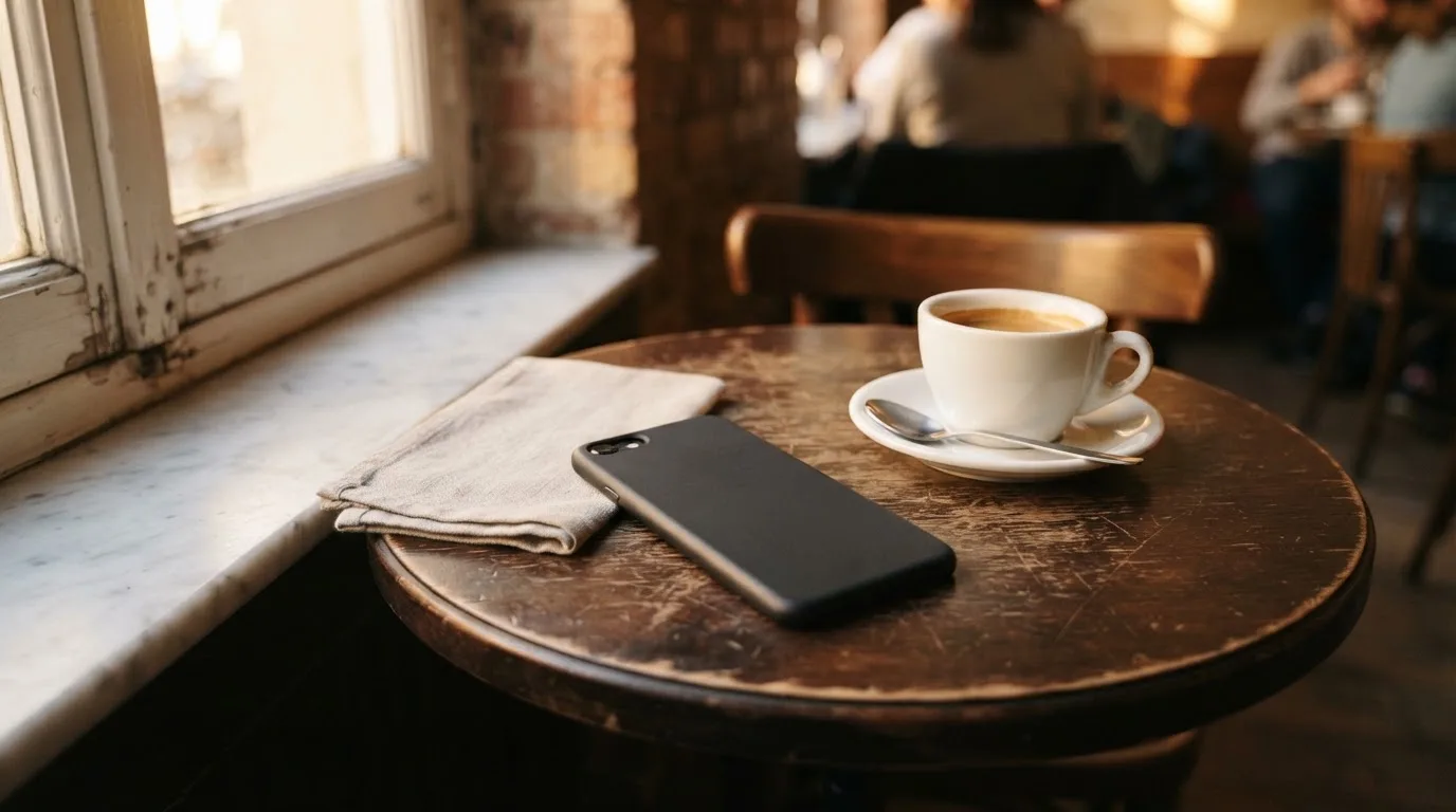 Ein Smartphone liegt mit der Rückseite nach oben auf einem Kaffeehaustisch neben einer Tasse und einem Löffel.