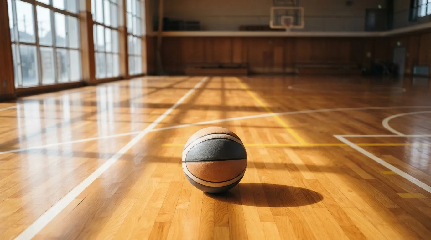 Ein Basketball ruht auf dem Parkett einer leeren Sporthalle, durch hohe Fenster fällt Tageslicht.