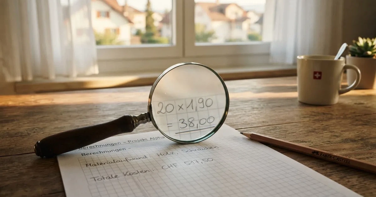 Eine Lupe liegt auf einem karierten Blatt neben einem Bleistift, das Licht fällt schräg durch ein Fenster.